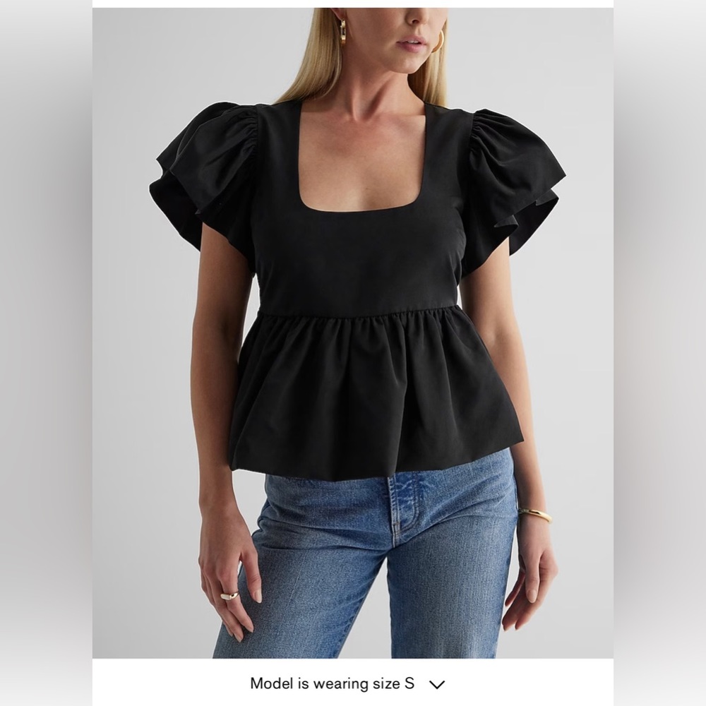 Express Square Neck Flutter Sleeve Peplum Babydoll Top, Black, Size Small